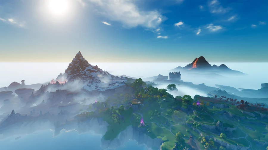 Aniimo — a sweeping view of Idyll’s mountain peaks, clouds and green valleys.