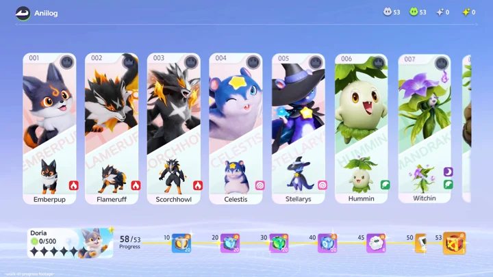 Aniimo — the in-game creature index displays a selection of creatures and their forms.